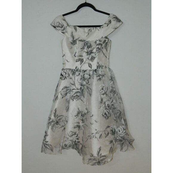 CHI CHI LONDON Dress SIZE 8 UK Ivory Black Floral Fit Flare Off Shoulders Size 4 - Picture 1 of 13